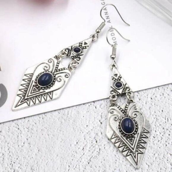 SILVER BLUE AGATE BOHO DANGLE EARRINGS - Picture 1 of 8